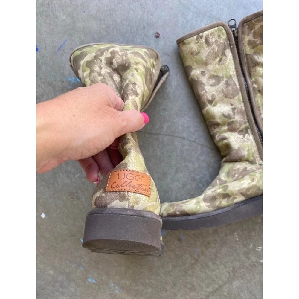RARE UGG Grunge Western Camo Metallic Gold Shearling Lined Tall Zip Boots Camo